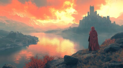 Obraz premium Man Looking at a Castle on the Lake With Orange Clouds Medieval Wallpaper Background Generative AI