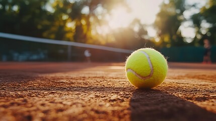 A vibrant yellow tennis ball on a clay court, illuminated by the warm evening sun.