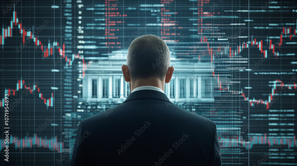Poster a person in business attire observes a digital screen displaying stock market charts and financial d