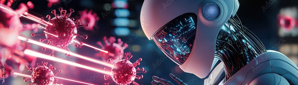 Poster a futuristic robot interacts with glowing viruses, highlighting the intersection of technology and h