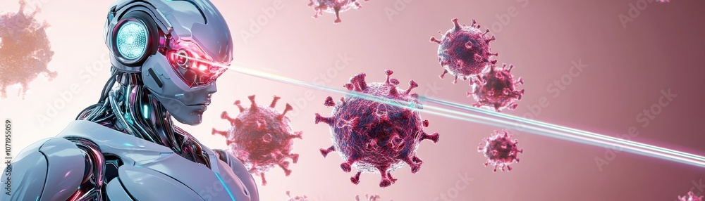 Poster a futuristic robot targets viruses with a laser, symbolizing the intersection of technology and heal