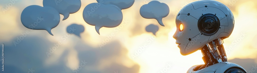 Poster a futuristic robot gazes thoughtfully as speech bubbles float above, symbolizing communication and a