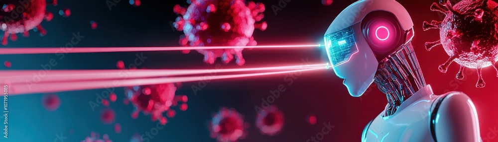 Poster a futuristic robot aiming lasers at viral particles, symbolizing the intersection of technology and 