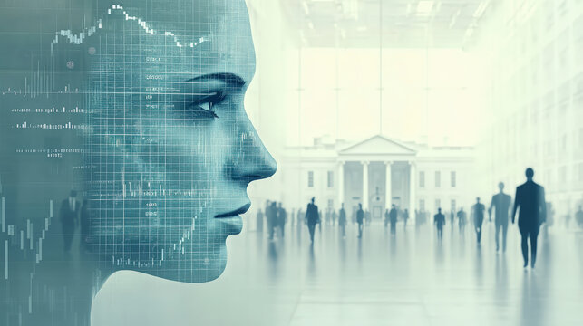 A digital collage featuring a woman's profile overlaid with data graphs, set against a blurred urban skyline with silhouettes of people.