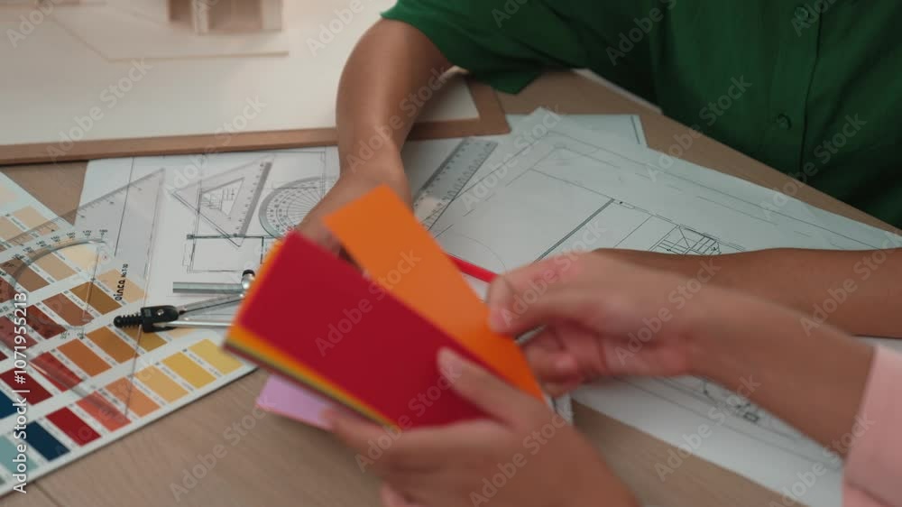 Poster slow motion interior designer using architectural equipment draw a blueprint while interior designer