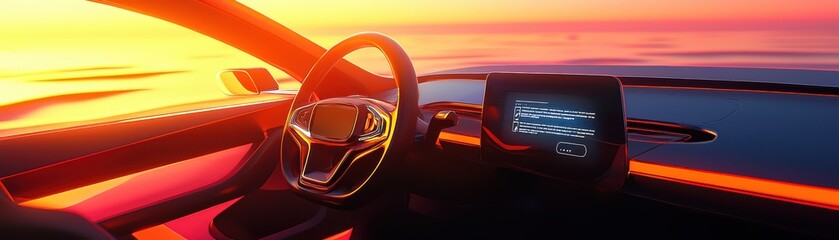 A modern car interior showcases a tech-savvy dashboard under a vibrant sunset, blending comfort with an inviting atmosphere.