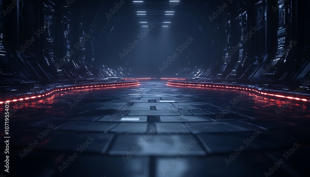Aufkleber a futuristic corridor illuminated by red lights, featuring reflective surfaces and a dark, moody atm