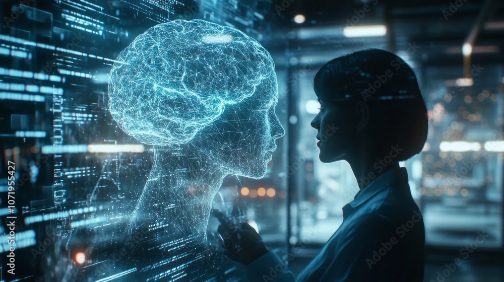 Aufkleber a woman is looking at a computer screen with a brain image