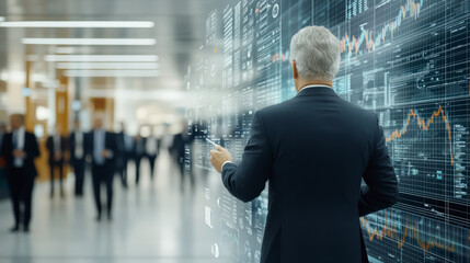 A businessman interacts with a digital financial display screen, analyzing data and stock market trends in a modern corporate office environment.