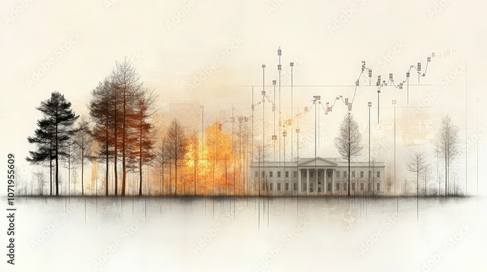 Aufkleber trees and abstract graphs surround a classical building, with warm and neutral colors blending into 
