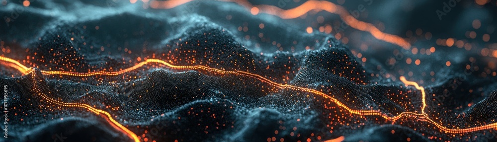 Poster this image features a dynamic, glowing landscape with flowing lines and particles, reminiscent of en