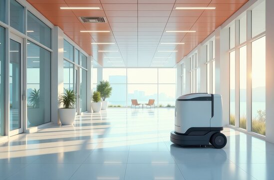 Autonomous cleaning robot on white floor in a hall. Modern and efficient nature of the technology. Sunlit public area