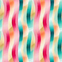 Abstract colorful seamless pattern with vertical waves or stripes in pink or red, blue or teal, green, yellow, orange or gold colors, gold lines. Watercolor abstract art.