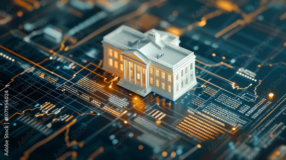 Poster a digital rendering of a miniature white house on a circuit board, symbolizing the intersection of t