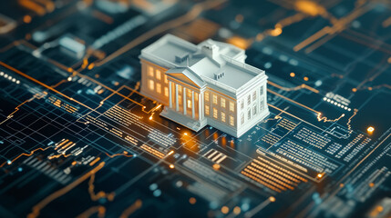 A digital rendering of a miniature White House on a circuit board, symbolizing the intersection of technology and government infrastructure.