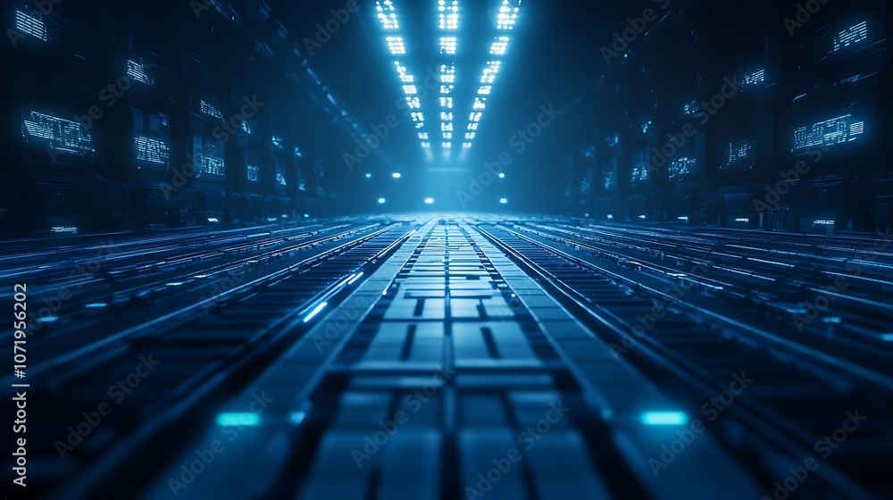 Poster a futuristic corridor illuminated by blue lights, creating a high-tech atmosphere with a sleek, digi