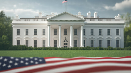 Obraz premium A view of the White House with the American flag in the foreground, symbolizing national governance and presidential residence in Washington, D.C.