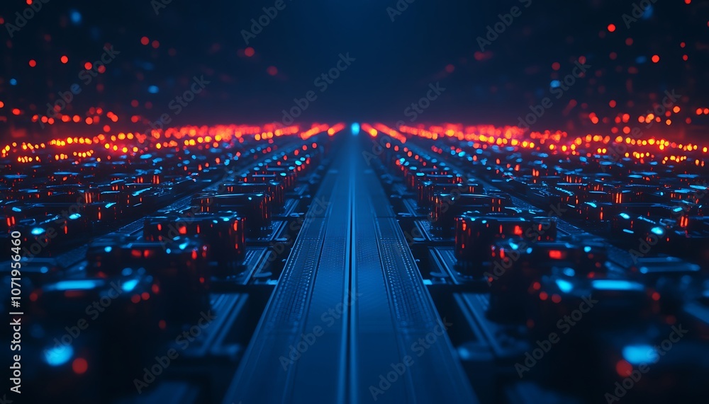 Leinwandbilder A futuristic digital landscape featuring rows of glowing buttons in blue and red, creating a vibrant and tech-driven atmosphere.