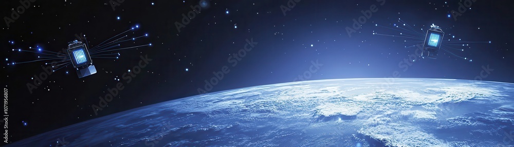 Poster a stunning view of earth from space, illuminated with blue tones, surrounded by satellite-like objec