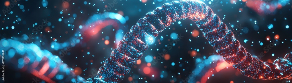 Poster a vibrant, abstract representation of dna with colorful strands and particles, symbolizing the compl