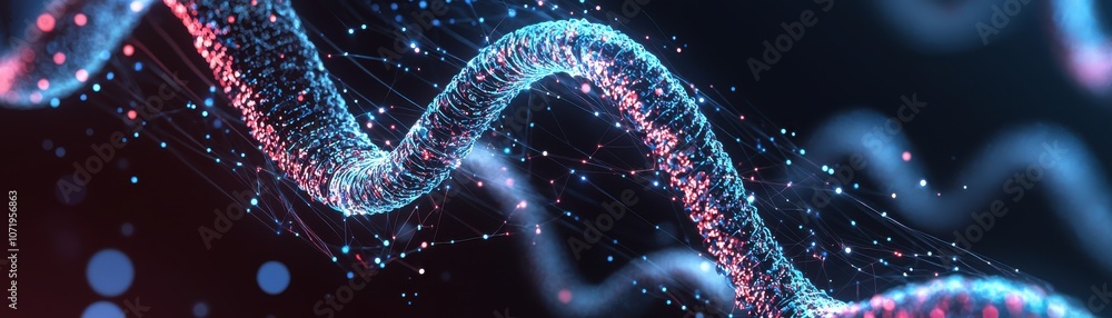 Poster a colorful, abstract representation of dna strands, showcasing intricate patterns and glowing elemen