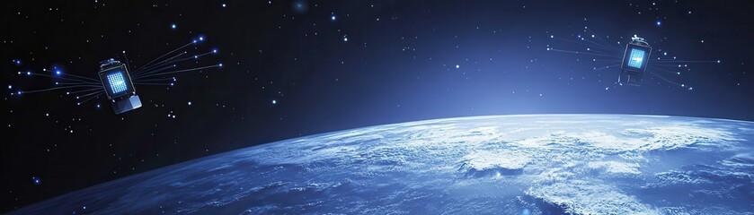 Fototapeta premium A stunning view of Earth from space, illuminated with blue tones, surrounded by satellite-like objects orbiting in the vastness of the universe.