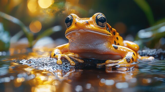 A golden frog Atelopus zeteki with black stain on his natural Panama habitat, golden light illuminating, capturing the intricate details of his yellow an black skin and expression, photorealistic