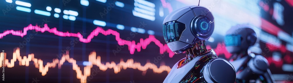 Poster a futuristic scene featuring robots with glowing elements against a backdrop of colorful data visual