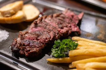 Medium rare picanha angus steak served on plate
