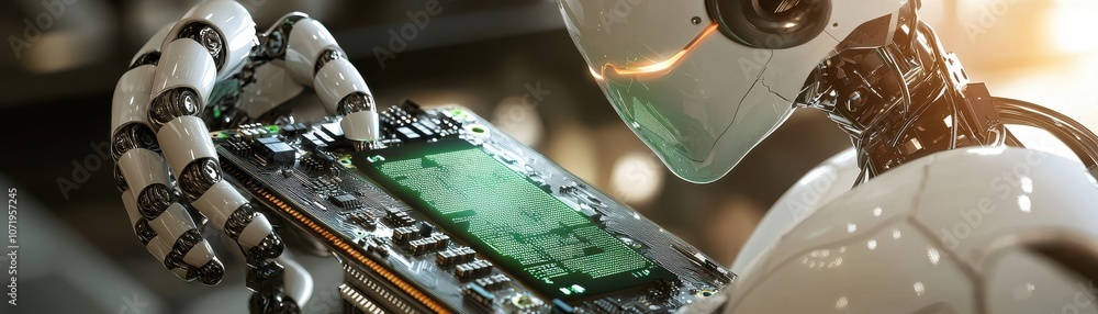 Poster a robotic figure examines a circuit board displaying green patterns, symbolizing advanced technology