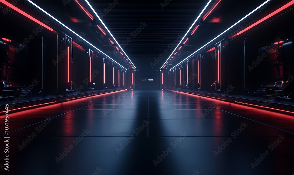 Aufkleber a futuristic corridor with glowing red and blue lights, creating a high-tech atmosphere, features re