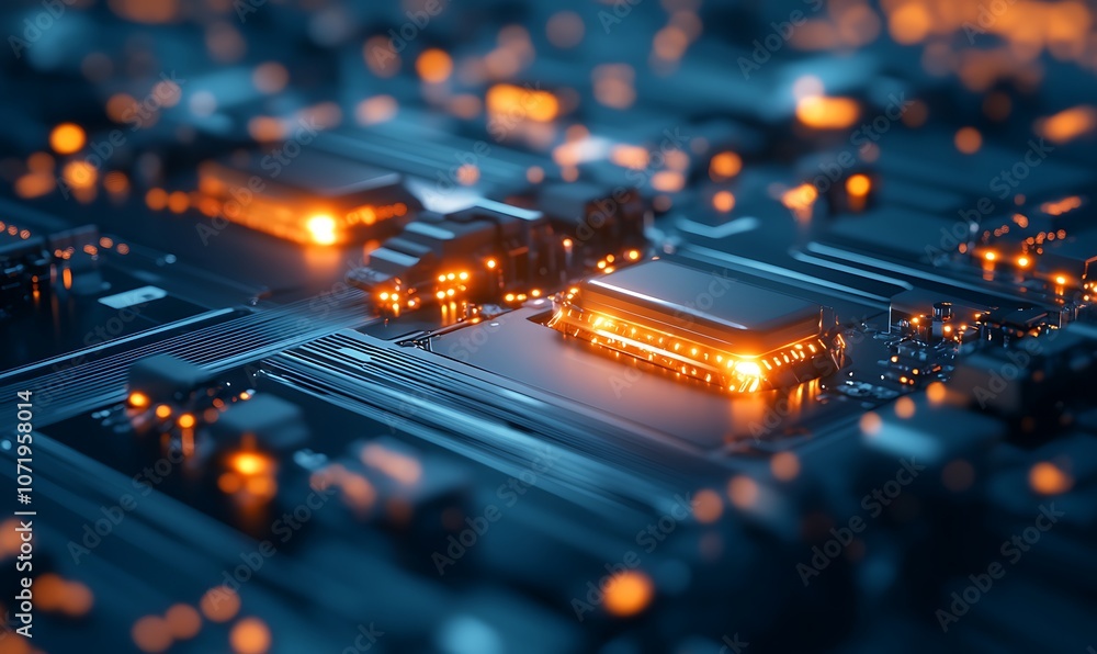 Poster A close-up view of a circuit board with glowing components, highlighting the intricate design of technology and electronic connections.
