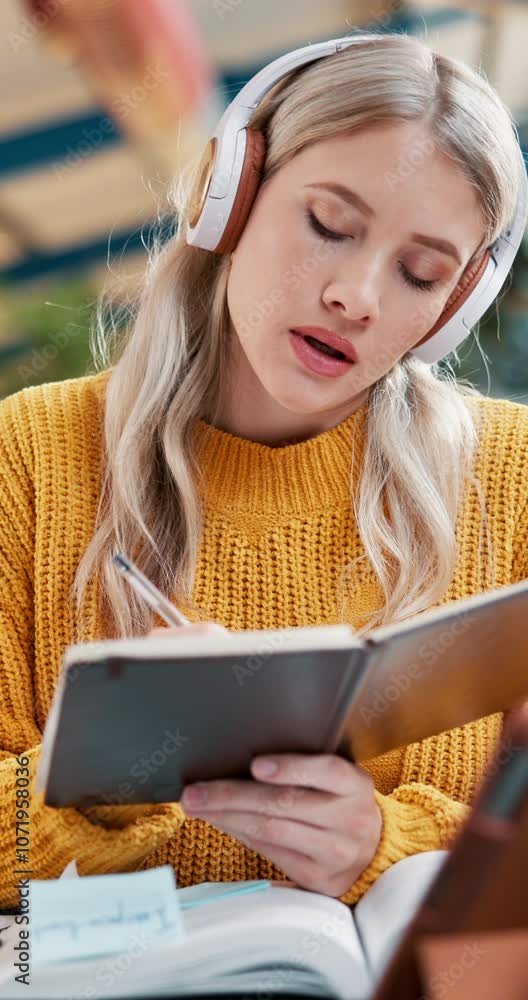 Poster Thinking, student and headphones for writing in notebook of studying solution, schedule planner and education. Girl, listening and lecture podcast with learning notes, assignment information and exam
