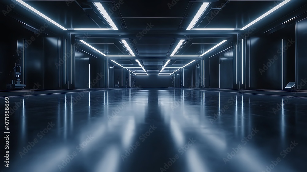 Poster a sleek, futuristic corridor with dim lighting and reflective surfaces, creating a modern, high-tech