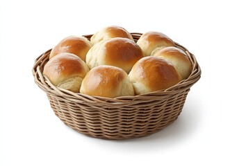 Freshly baked bread rolls in a wicker basket.