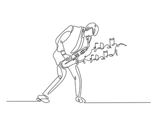 Continuous one line drawing of man holding Saxophone with note music. Saxophone player single line art vector illustration. Editable vector.