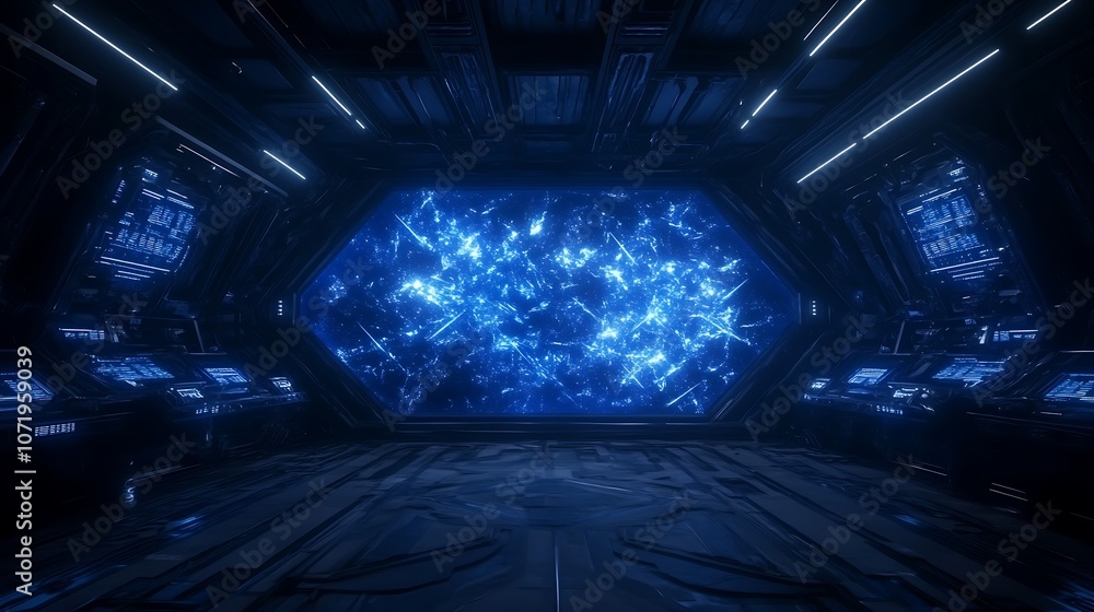 Aufkleber a futuristic control room featuring glowing blue visuals on screens, evoking a sci-fi and space expl