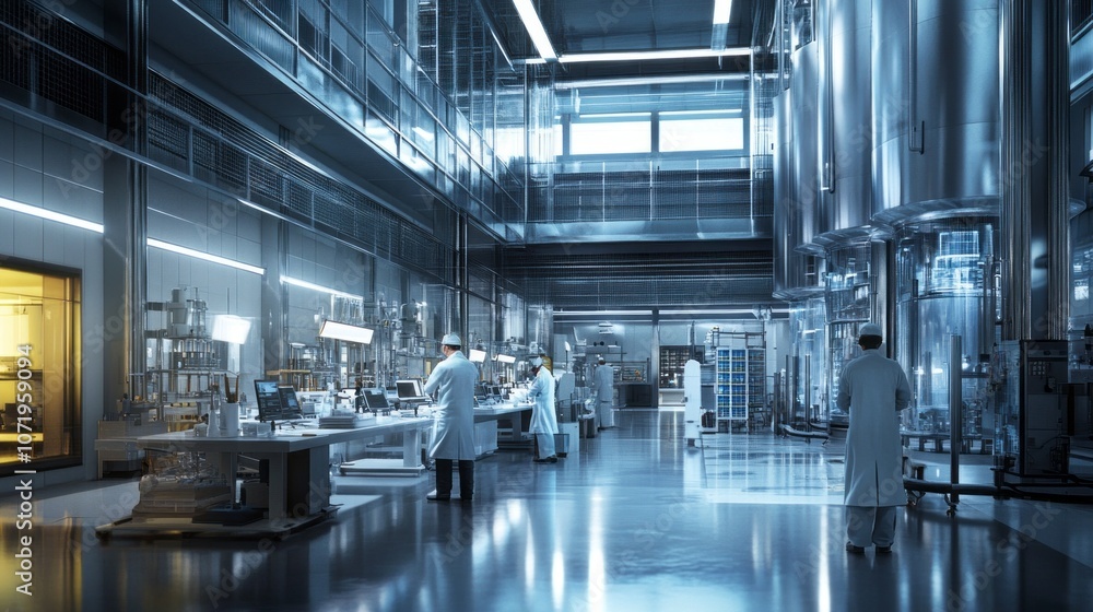 Poster a group of scientists are working in a large, industrial building