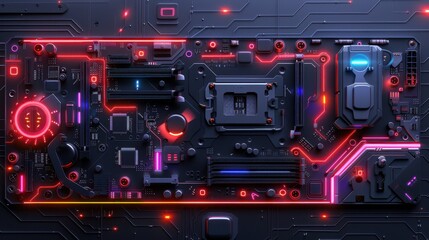 Obraz premium A futuristic circuit board illuminated with neon lights, showcasing technology and design.