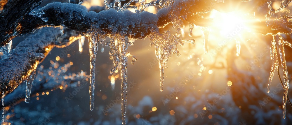 Aufkleber sunlight streams through icicle-adorned tree branches creating a winter wonderland