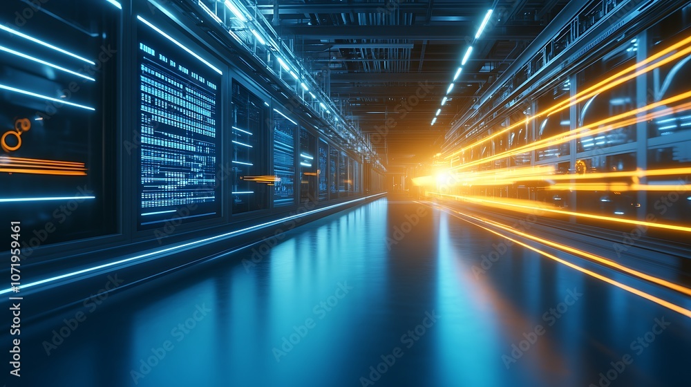 Aufkleber a futuristic corridor illuminated by vibrant blue lights, showcasing sleek designs and high-tech ele