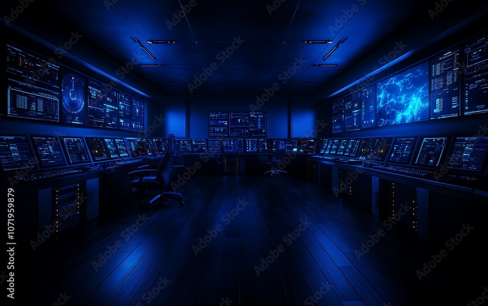Leinwandbilder a high-tech control room illuminated with blue lights, featuring multiple screens and consoles, crea