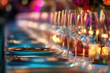 A beautifully set dining table with elegant glassware and warm candlelight. The atmosphere is inviting and perfect for special occasions. Generative AI
