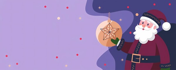 Fototapeta premium Vector illustration of smiling Santa Claus holding a golden Christmas ball with a star on a purple background with graphic elements and colorful polka dots. Copy space.