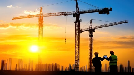 Silhouetted Construction Workers Collaborate at Sunset with Cranes in Background, Showcasing Urban Development and Hard Work in the Industry