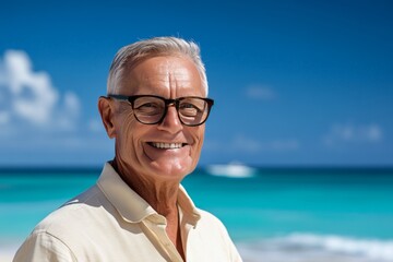 Smiling older man enjoying a sunny beach day with turquoise waters in the background during a pleasant afternoon