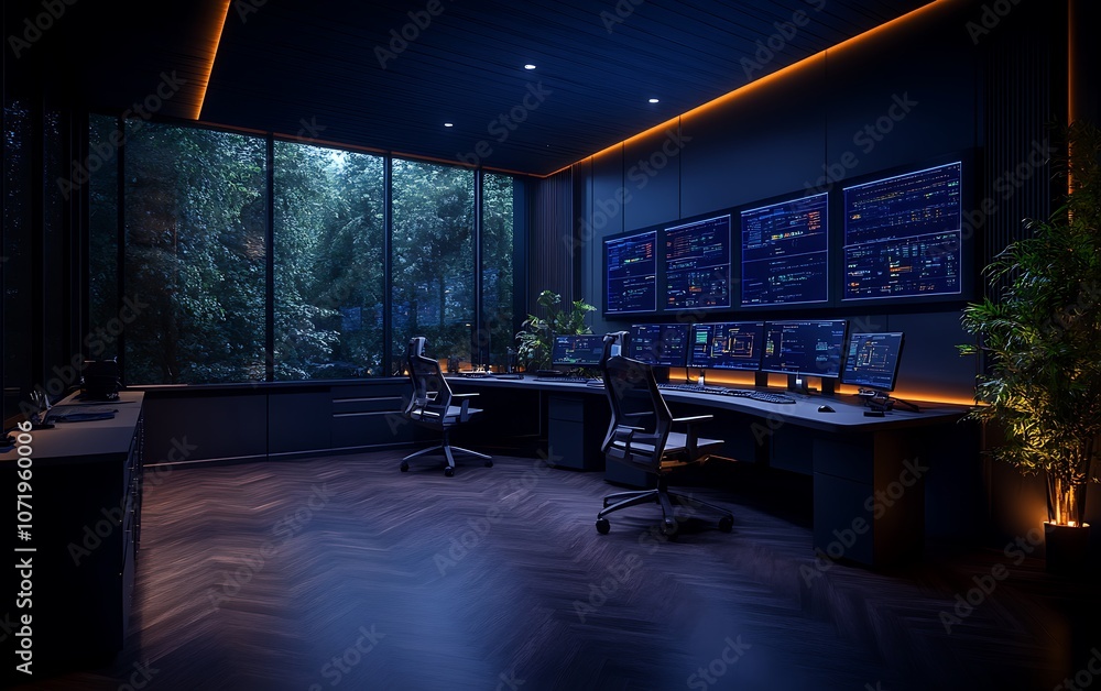 Aufkleber A modern office with multiple screens, soft lighting, and a view of greenery, creating a serene and high-tech workspace.