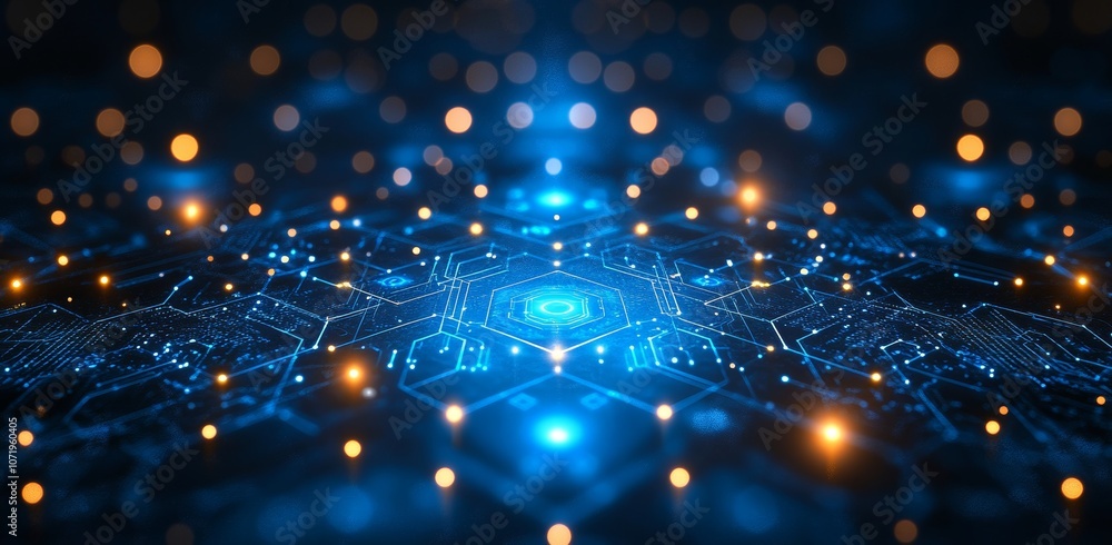 Poster the optical complex plan with a digital grid line and circuit illustration with a neon theme. a conc