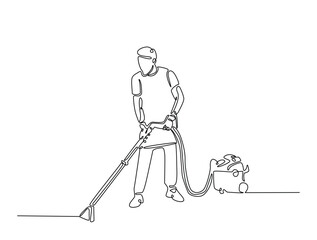 Continuous one line drawing of housekeeper cleaner work using vacuum cleaner. Cleaning service and vacuum cleaner single line art vector illustration. Editable vector.