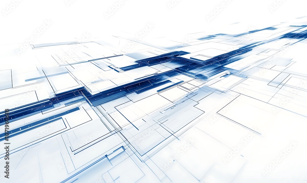 Leinwandbilder A modern abstract design featuring layers of blue lines and shapes, creating a sense of depth and movement in a digital landscape.